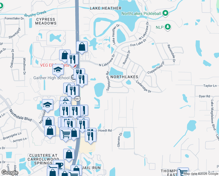 map of restaurants, bars, coffee shops, grocery stores, and more near 16119 Sagebrush Road in Tampa