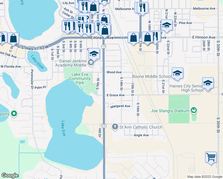 map of restaurants, bars, coffee shops, grocery stores, and more near 1001 East Grace Avenue in Haines City