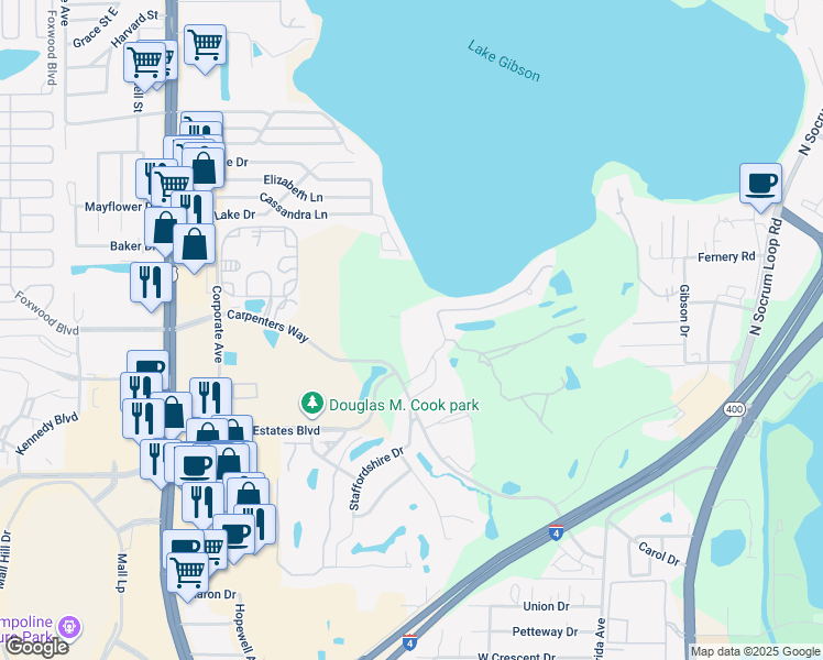 map of restaurants, bars, coffee shops, grocery stores, and more near 777 Carpenters Way in Lakeland