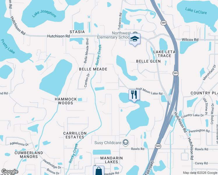 map of restaurants, bars, coffee shops, grocery stores, and more near 5820 Half Moon Lake Road in Tampa
