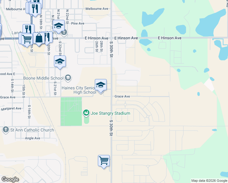 map of restaurants, bars, coffee shops, grocery stores, and more near Grace Avenue in Haines City