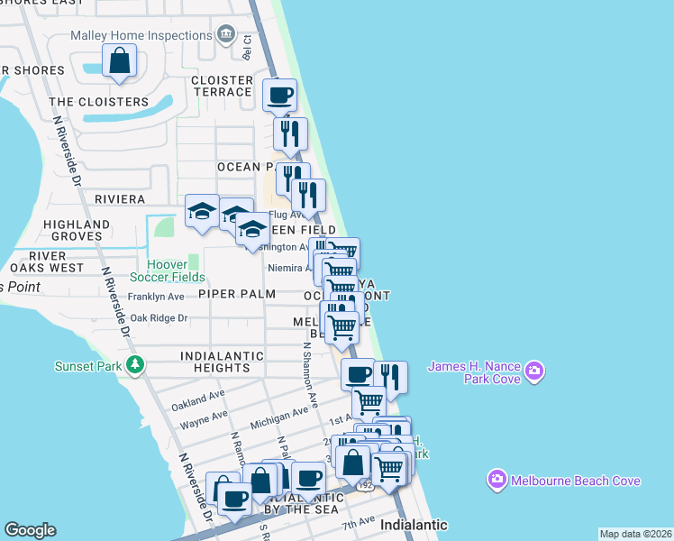 map of restaurants, bars, coffee shops, grocery stores, and more near 995 Highway A1A in Indialantic