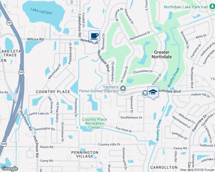map of restaurants, bars, coffee shops, grocery stores, and more near 15925 Winding Drive in Tampa