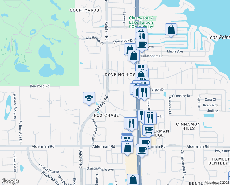 map of restaurants, bars, coffee shops, grocery stores, and more near 2375 Fox Chase Boulevard in Palm Harbor