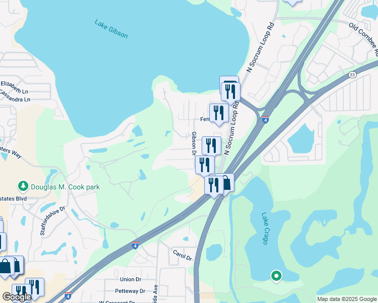 map of restaurants, bars, coffee shops, grocery stores, and more near 135 Kenilwood Lane in Lakeland