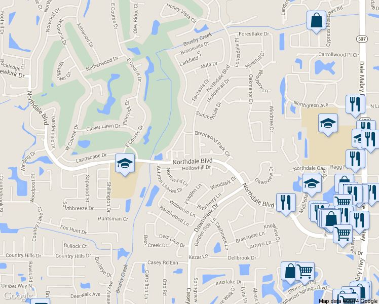 map of restaurants, bars, coffee shops, grocery stores, and more near 16143 Rambling Vine Drive East in Tampa