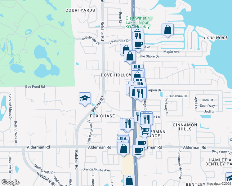 map of restaurants, bars, coffee shops, grocery stores, and more near 3277 Fox Chase Circle in Palm Harbor