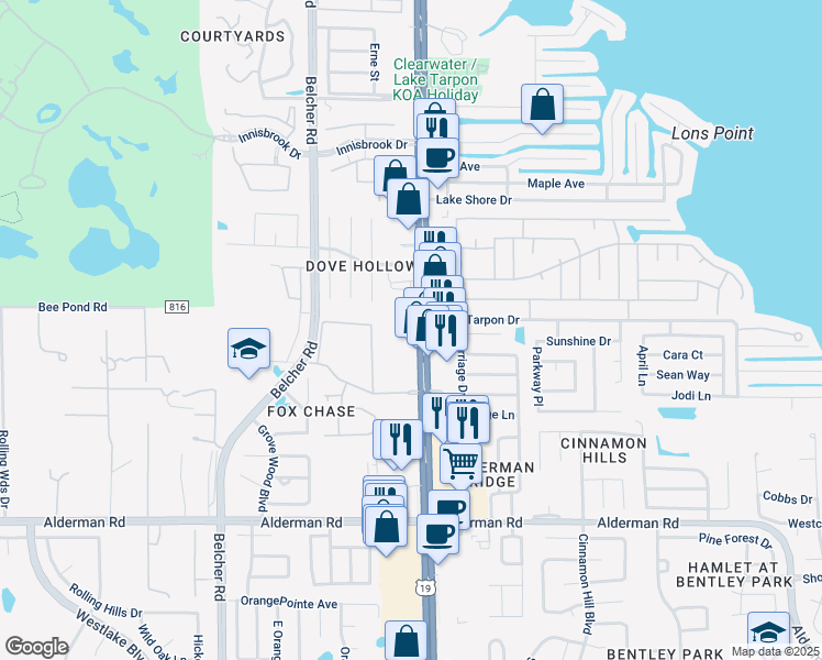map of restaurants, bars, coffee shops, grocery stores, and more near 36090 US Highway 19 North in Palm Harbor