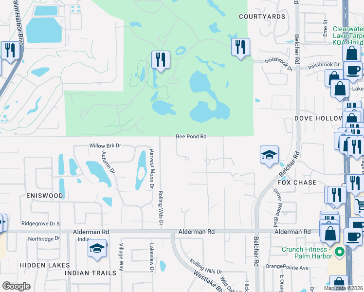 map of restaurants, bars, coffee shops, grocery stores, and more near 1800 Bee Pond Road in Palm Harbor