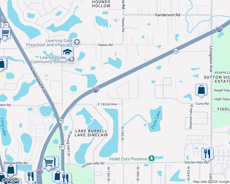 map of restaurants, bars, coffee shops, grocery stores, and more near 16208 Swenson Terrace in Lutz