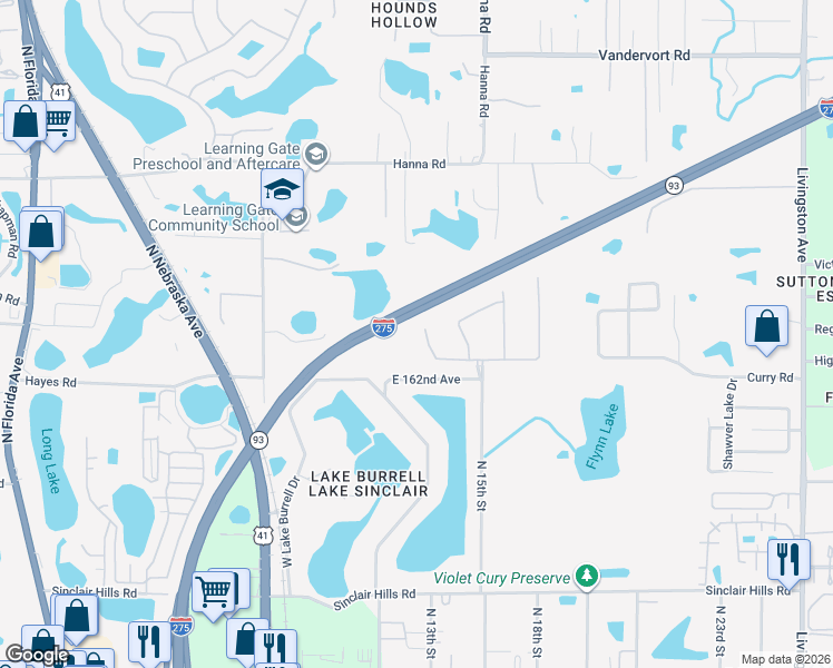 map of restaurants, bars, coffee shops, grocery stores, and more near 1403 McCrea Drive in Lutz
