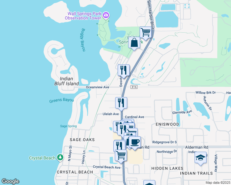 map of restaurants, bars, coffee shops, grocery stores, and more near 509 Palm Avenue in Palm Harbor