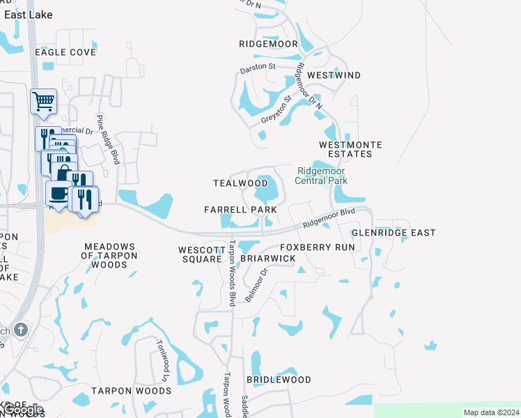 map of restaurants, bars, coffee shops, grocery stores, and more near 3399 Mermoor Drive in Palm Harbor