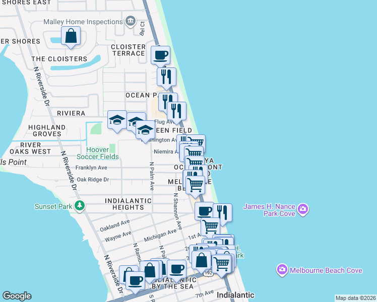 map of restaurants, bars, coffee shops, grocery stores, and more near 995 North Miramar Avenue in Indialantic