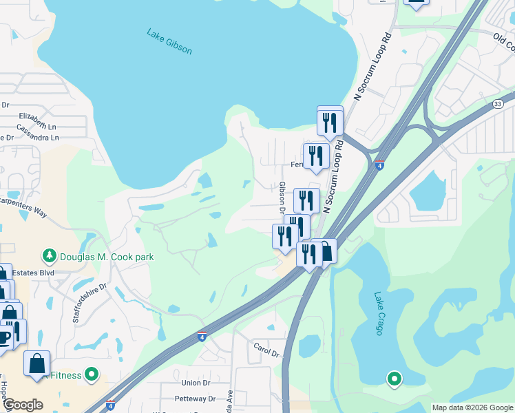 map of restaurants, bars, coffee shops, grocery stores, and more near 4634 Island Shores Lane in Lakeland
