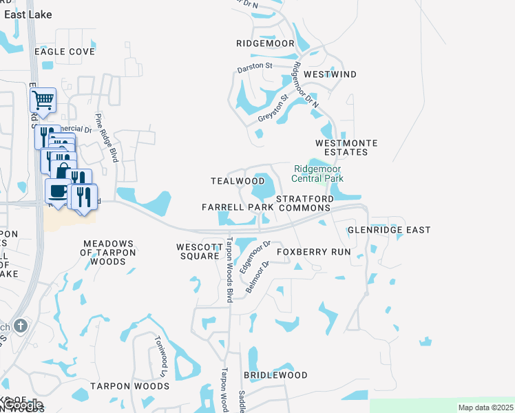 map of restaurants, bars, coffee shops, grocery stores, and more near 3412 Hillmoor Drive in Palm Harbor