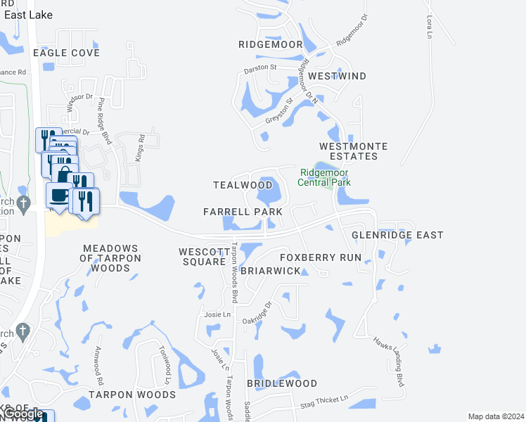 map of restaurants, bars, coffee shops, grocery stores, and more near 3412 Hillmoor Drive in Palm Harbor