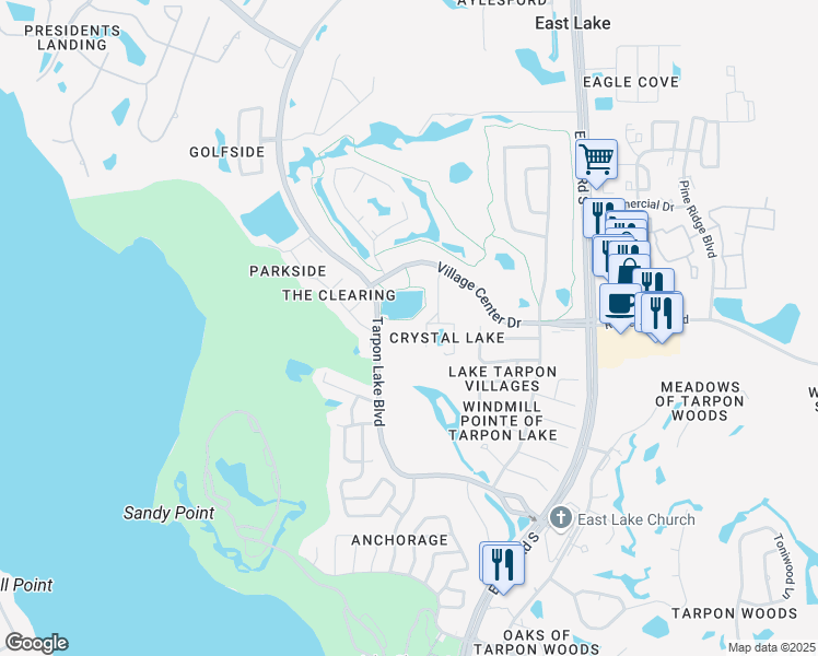 map of restaurants, bars, coffee shops, grocery stores, and more near 3366 Crystal Court West in Palm Harbor