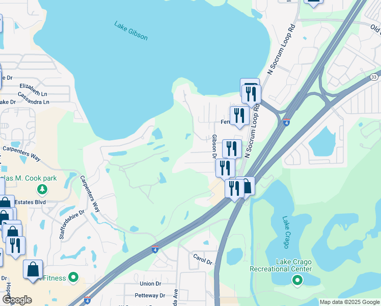 map of restaurants, bars, coffee shops, grocery stores, and more near 130 Willow Oak Lane in Lakeland