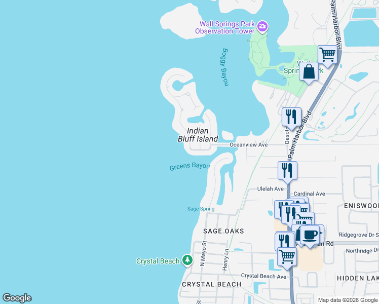 map of restaurants, bars, coffee shops, grocery stores, and more near 104 Peterson Lane in Palm Harbor