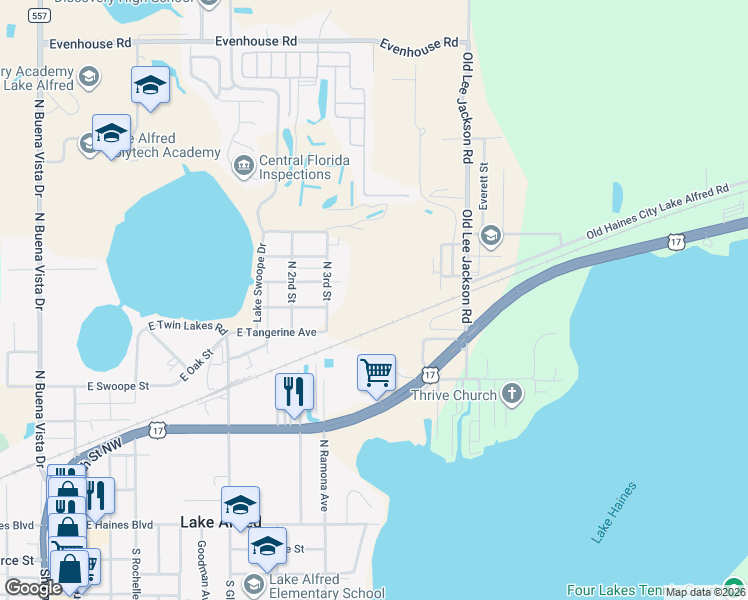 map of restaurants, bars, coffee shops, grocery stores, and more near 795 East Midway Avenue in Lake Alfred