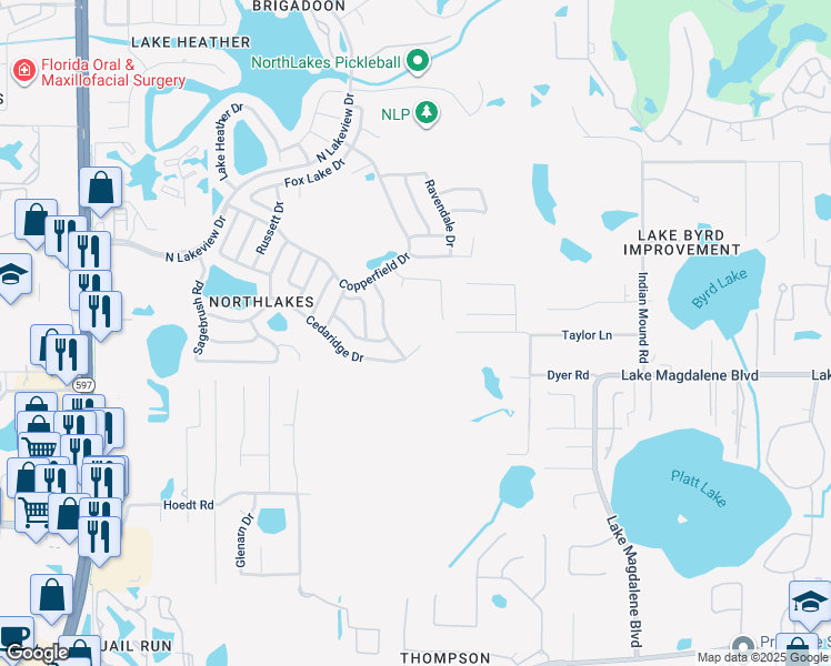 map of restaurants, bars, coffee shops, grocery stores, and more near 16010 Grass Lake Drive in Tampa