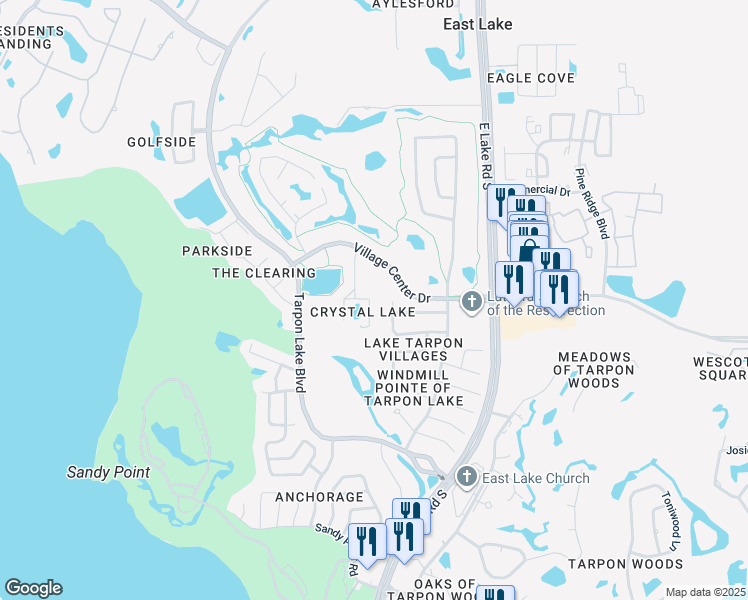 map of restaurants, bars, coffee shops, grocery stores, and more near 4550 Village Center Drive in Palm Harbor