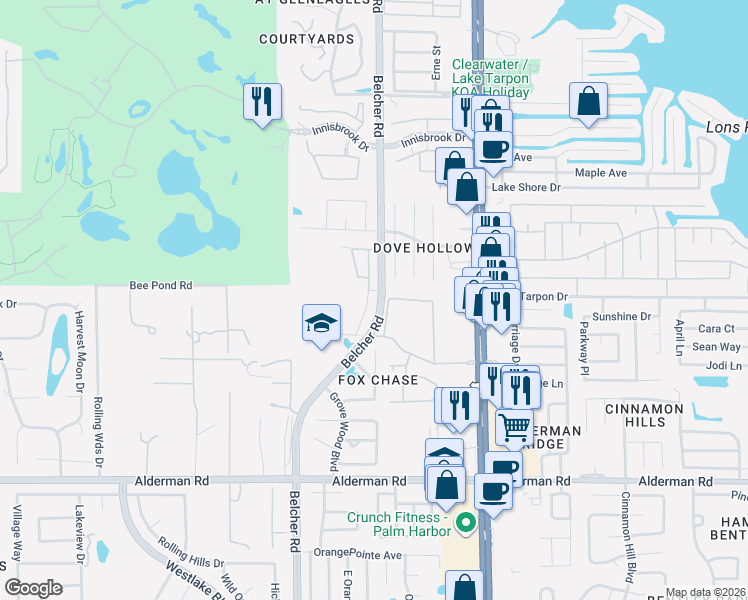 map of restaurants, bars, coffee shops, grocery stores, and more near 3406 Primrose Way in Palm Harbor