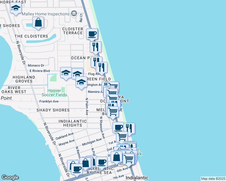 map of restaurants, bars, coffee shops, grocery stores, and more near 995 North Miramar Avenue in Indialantic