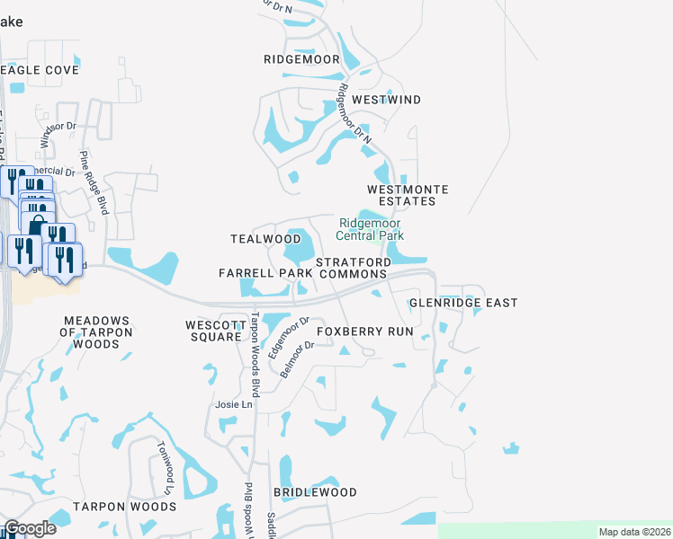 map of restaurants, bars, coffee shops, grocery stores, and more near 4092 Daventry Lane in Palm Harbor