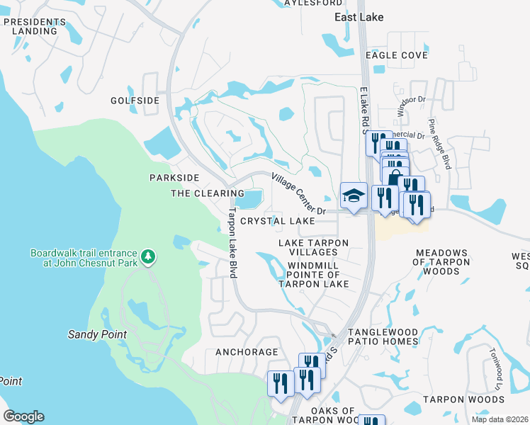 map of restaurants, bars, coffee shops, grocery stores, and more near 3301 Crystal Court West in Palm Harbor