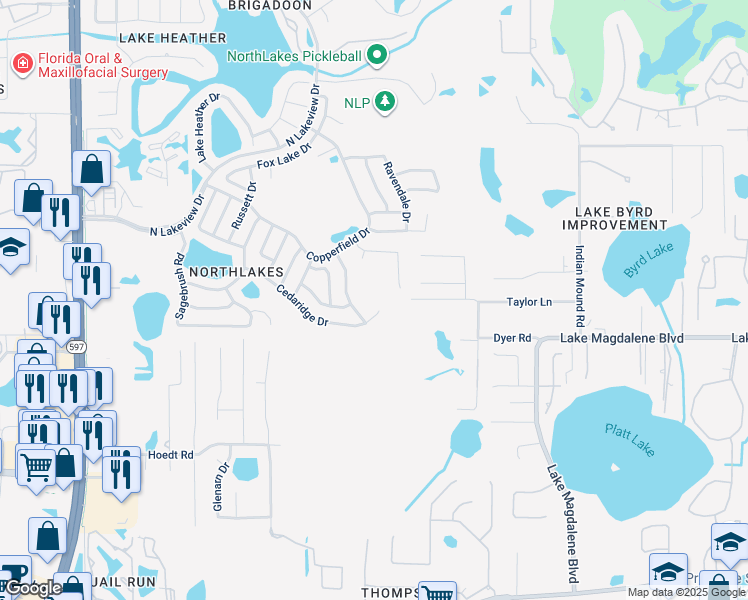 map of restaurants, bars, coffee shops, grocery stores, and more near 16010 Grass Lake Drive in Tampa