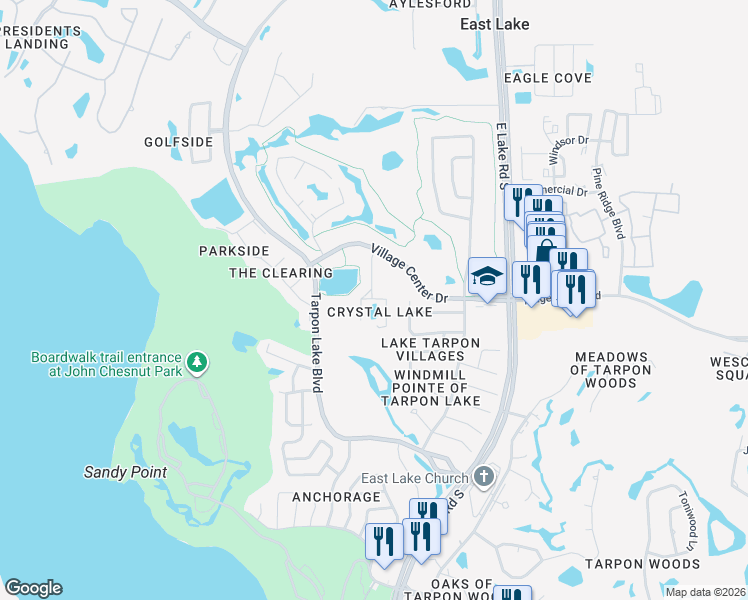 map of restaurants, bars, coffee shops, grocery stores, and more near 4550 Village Center Drive in Palm Harbor
