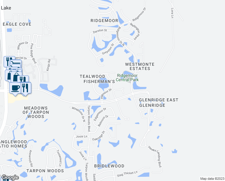 map of restaurants, bars, coffee shops, grocery stores, and more near 3407 Hillmoor Drive in Palm Harbor