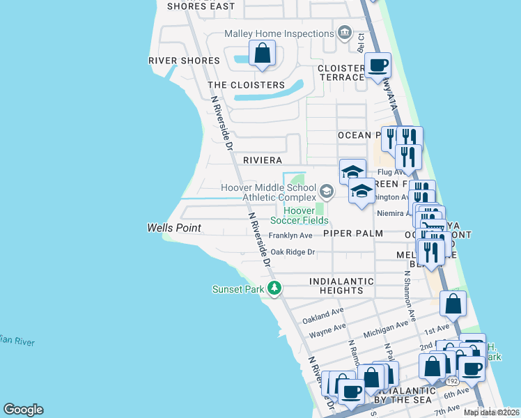 map of restaurants, bars, coffee shops, grocery stores, and more near 500 North River Oaks Drive in Indialantic