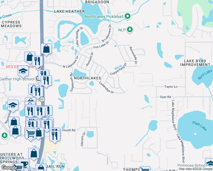 map of restaurants, bars, coffee shops, grocery stores, and more near 16007 Ballica Drive in Tampa