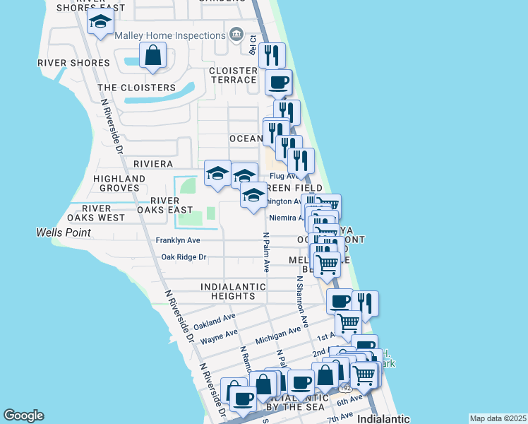 map of restaurants, bars, coffee shops, grocery stores, and more near 1050 Palm Avenue North in Indialantic
