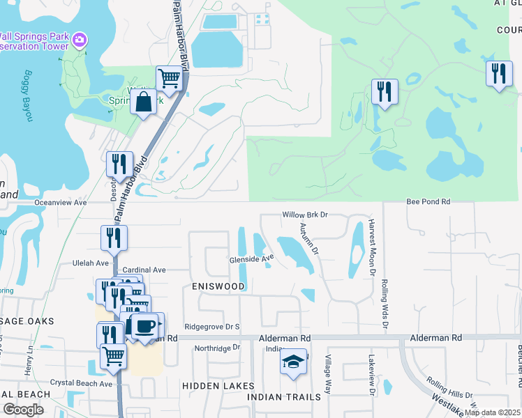 map of restaurants, bars, coffee shops, grocery stores, and more near 1337 Willowbrook Drive in Palm Harbor