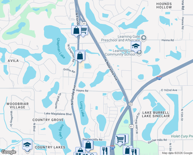 map of restaurants, bars, coffee shops, grocery stores, and more near 16302 North Nebraska Avenue in Lutz