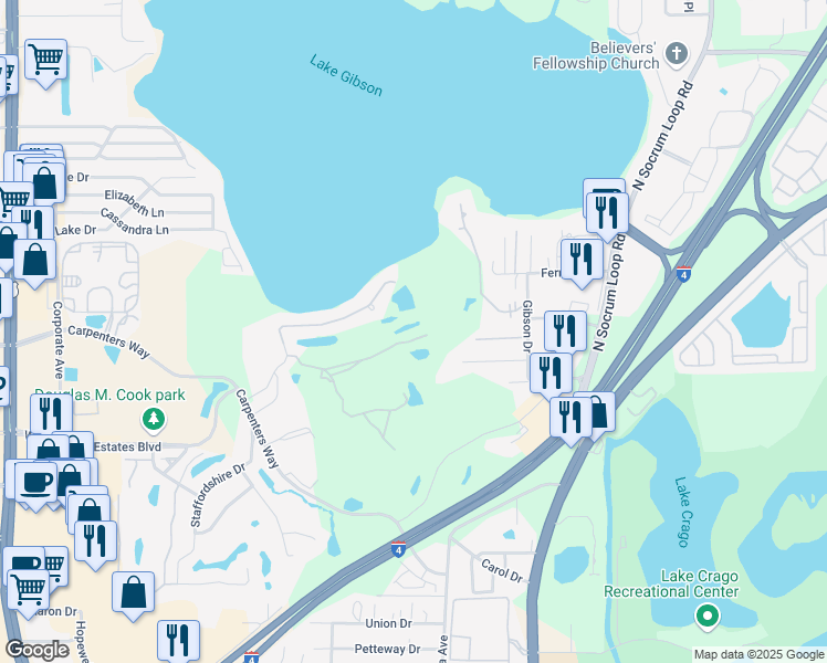 map of restaurants, bars, coffee shops, grocery stores, and more near 178 Audubon Oaks Drive in Lakeland