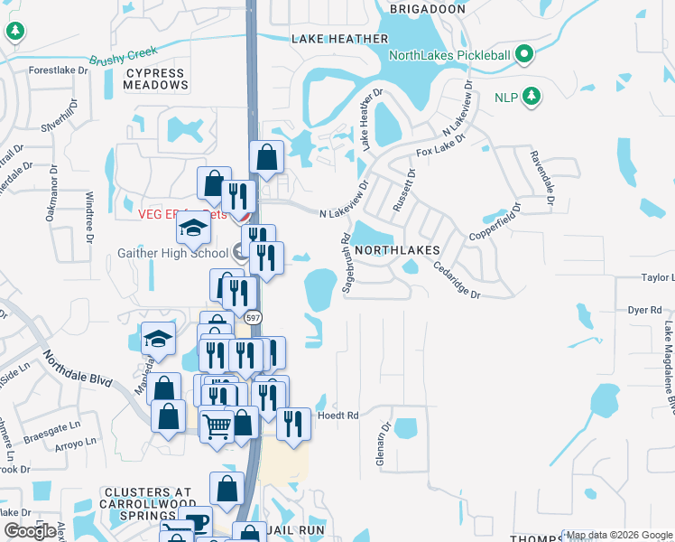 map of restaurants, bars, coffee shops, grocery stores, and more near 16214 Sagebrush Road in Tampa