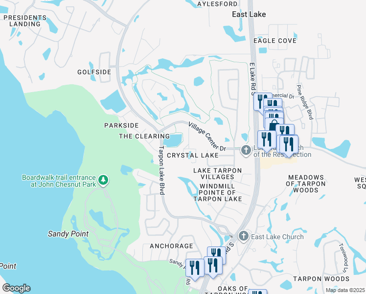 map of restaurants, bars, coffee shops, grocery stores, and more near 3400 Crystal Court West in Palm Harbor