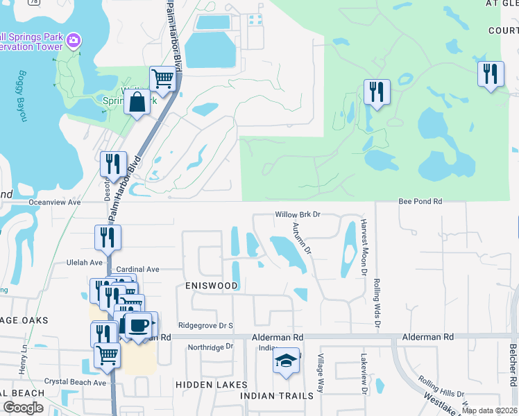 map of restaurants, bars, coffee shops, grocery stores, and more near 1337 Willowbrook Drive in Palm Harbor