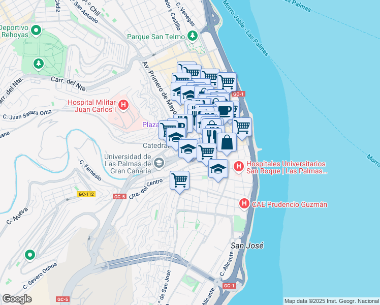 map of restaurants, bars, coffee shops, grocery stores, and more near 3 Calle San Diego de Alcalá in Las Palmas de Gran Canaria