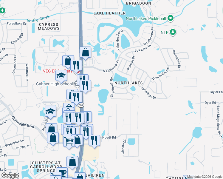 map of restaurants, bars, coffee shops, grocery stores, and more near 16206 Sagebrush Road in Tampa