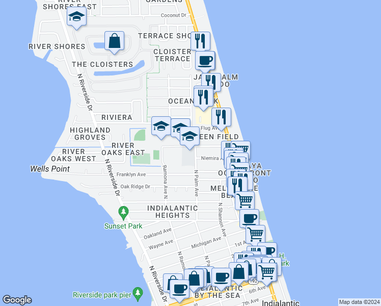 map of restaurants, bars, coffee shops, grocery stores, and more near 1050 Palm Avenue North in Indialantic