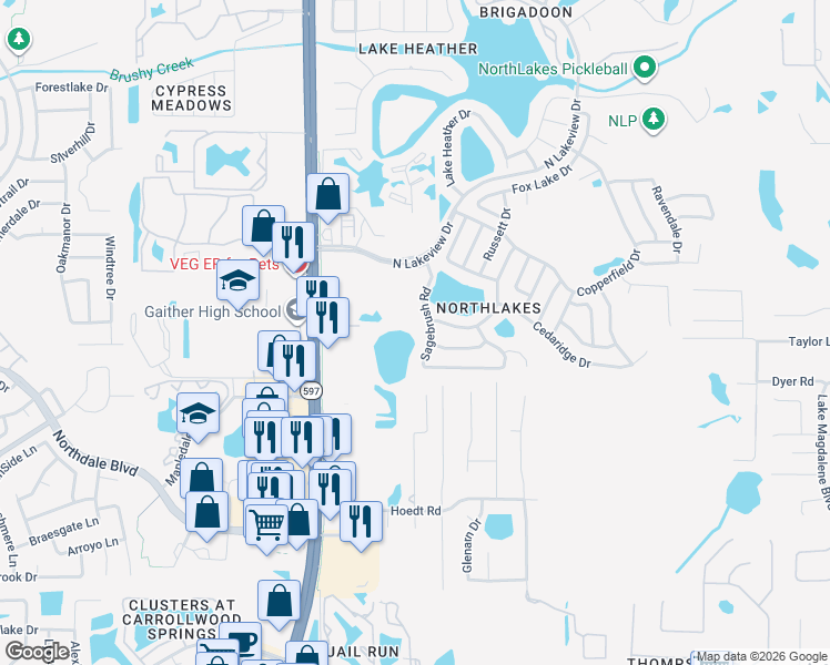 map of restaurants, bars, coffee shops, grocery stores, and more near 16214 Sagebrush Road in Tampa