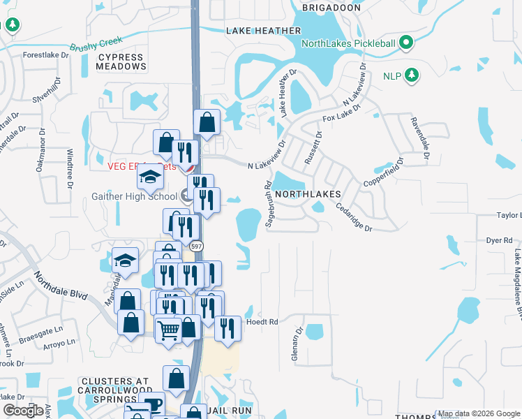 map of restaurants, bars, coffee shops, grocery stores, and more near 16206 Sagebrush Road in Tampa