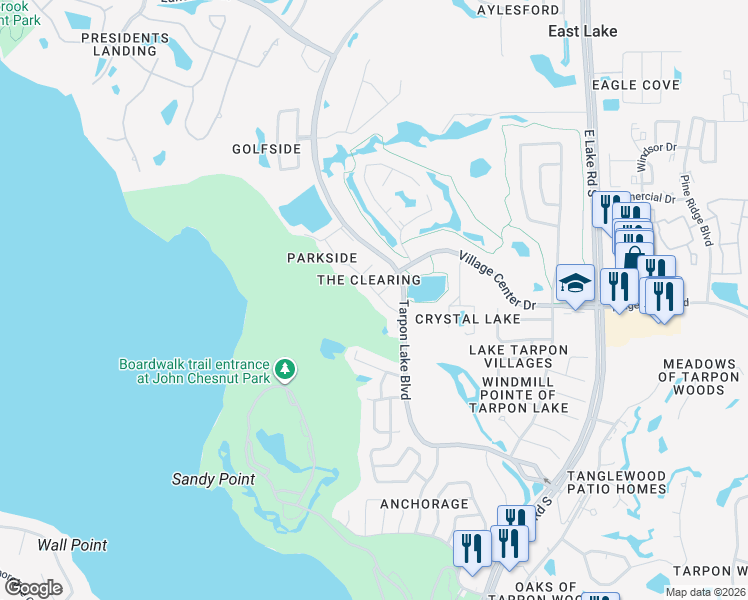 map of restaurants, bars, coffee shops, grocery stores, and more near 3426 Killdeer Place in Palm Harbor