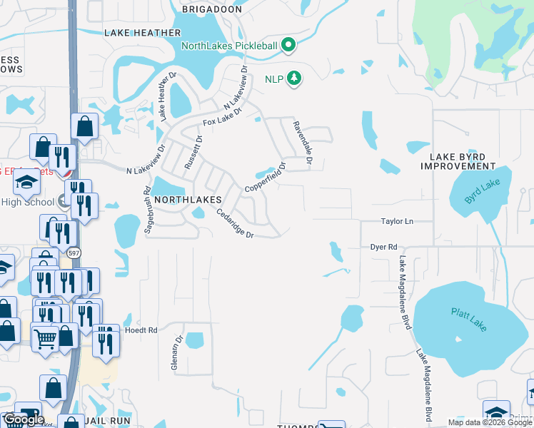 map of restaurants, bars, coffee shops, grocery stores, and more near 16022 Sharewood Drive in Tampa